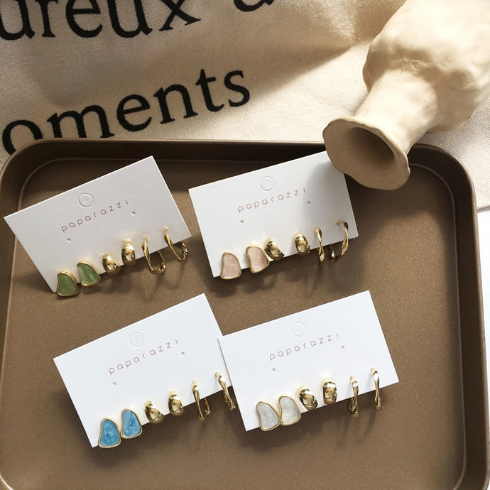 Delicate Jewelry 3 Sets Earrings Green Blue Pink Enamel Small stud Earrings Golden Jewelry